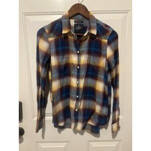American‎ Eagle Boyfriend Flannel Button Up Plaid Long Sleeve Shirt Blue Small